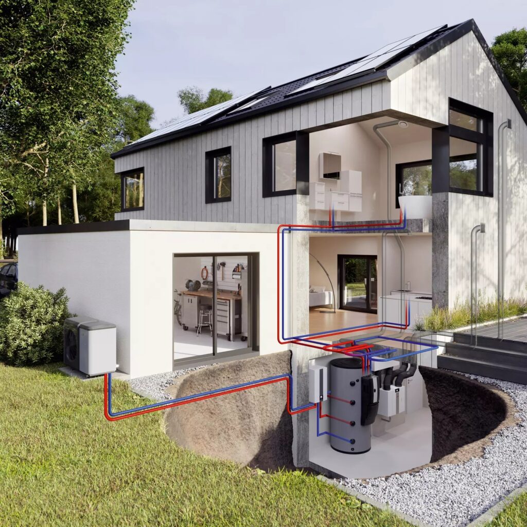 Ein modernes Traumhaus mit umweltfreundlicher Wärmepumpentechnologie, das Eleganz und Nachhaltigkeit vereint.